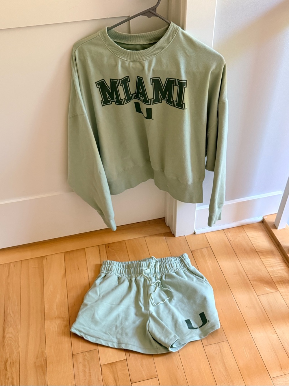 University of Miami Sage Green Crewneck Sweatshirt/short set with Dark Green Log
